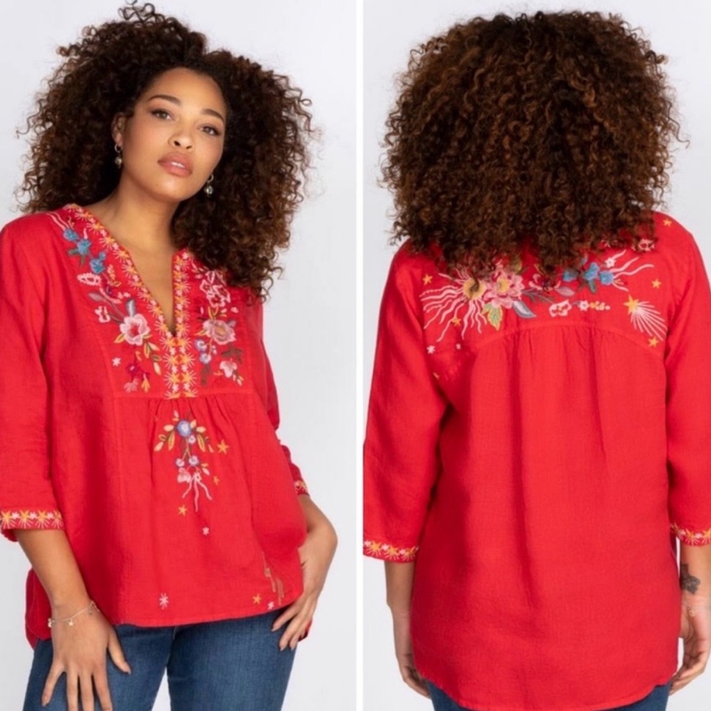 Johnny Was Red Embroidered Peasant Blouse